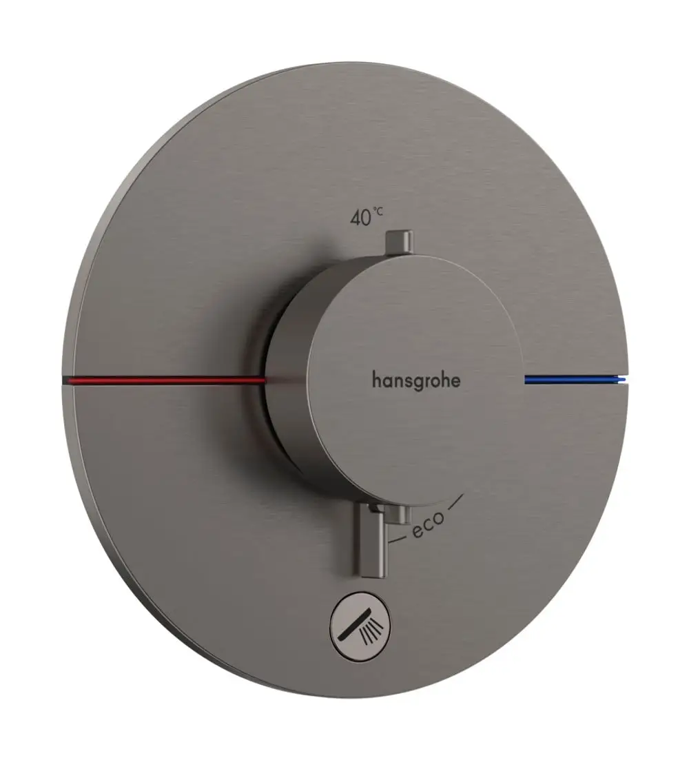 Thermostatcommande von Hansgrohe in Brushed Black Chrome für die Steuerung einer Dusche, mit Temperatureinstellung und Eco-Funktion.